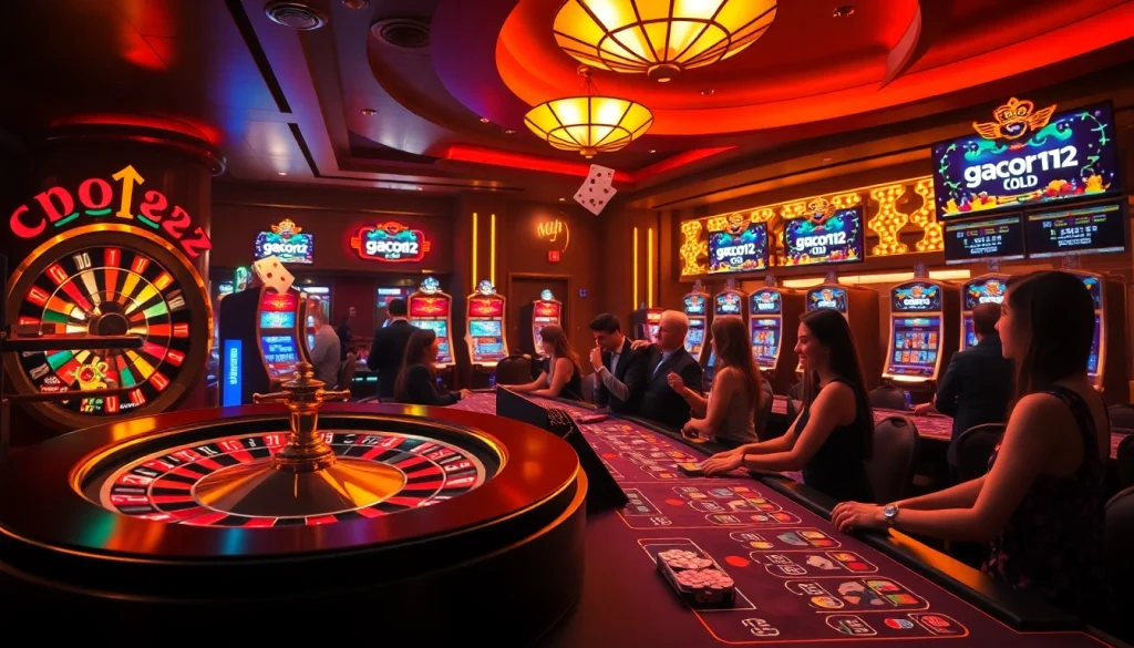 Feel the excitement of gacor123 at a crowded casino table with vibrant roulette wheels and enthusiastic gamblers.